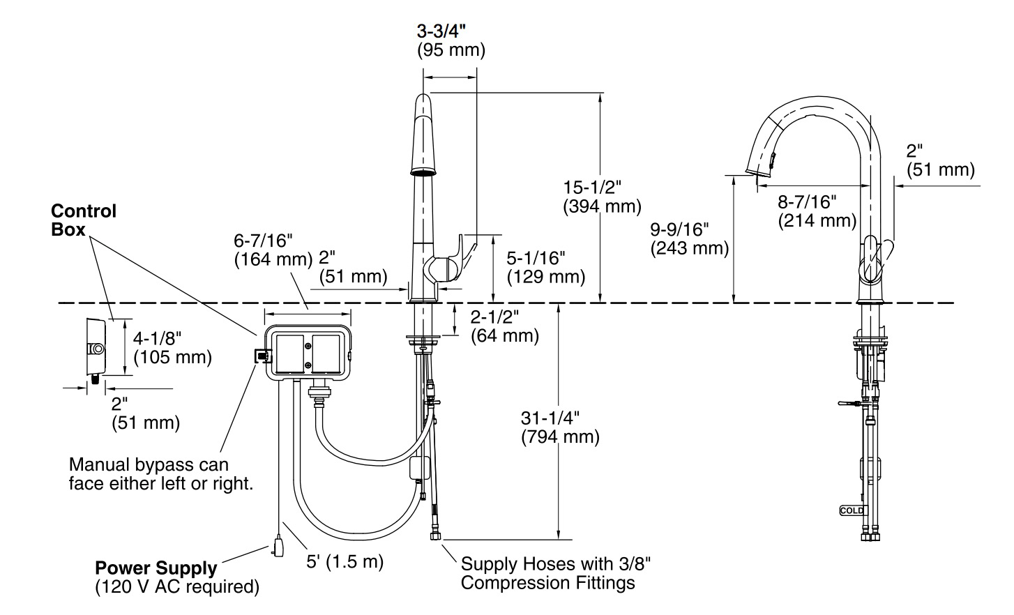 Kohler K-72218 Electronic Pull-Down Kitchen Sink Faucet Dimensions

